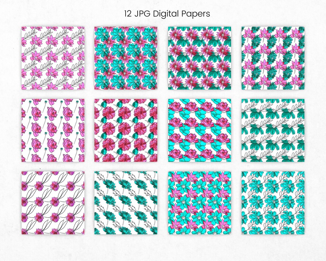 Watercolour Flower Pattern Digital Paper, Pink and Blue Floral ...