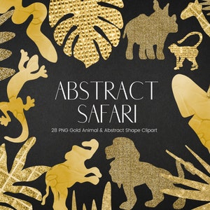 Gouden abstracte dierlijke clipart, gouden Afrikaanse Safari clipart Chapes, transparante PNG glitter vormen, tropische bladeren, leeuw, aap clipart