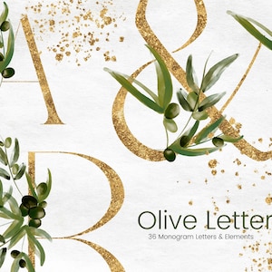 Imágenes prediseñadas de monograma de oro con hojas de olivo, imágenes prediseñadas del alfabeto brillante, letras de rama de olivo de acuarela, imágenes prediseñadas de boda, uso comercial