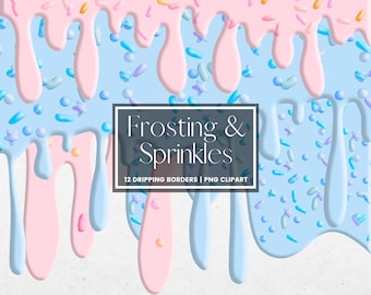 Dripping Frosting with Sprinkles Clipart, Pink, Blue Gender Reveal Dipping Borders, Baby Shower PNG Cake Icing Drips, Invitation Clipart