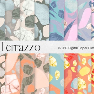 Terrazzo Digital Paper, Blue, Beige, Marble Paper Pattern, Terrazzo Stone Scrapbook Paper Background Textures, Commercial Use