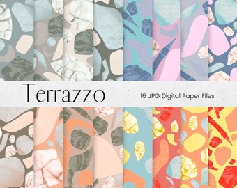 Terrazzo Digital Paper, Blue, Beige, Marble Paper Pattern, Terrazzo Stone Scrapbook Paper Background Textures, Commercial Use