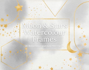 Imágenes prediseñadas de marco gris de acuarela y oro, imágenes prediseñadas de oro de la luna y del borde de las estrellas, superposiciones celestiales transparentes del marco cuadrado PNG, uso comercial