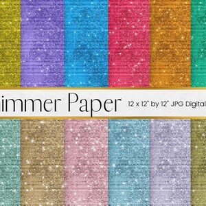 Puede incluir: Un conjunto de 12 diseños de papel digital con una textura brillante y reluciente en varios colores, incluyendo dorado, morado, azul, rosa, naranja y verde. Cada diseño mide 30,48 cm por 30,48 cm y es perfecto para proyectos de manualidades.