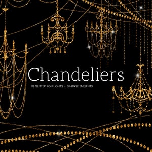 Clipart de lustre de glitter dourado e luzes de corda, clipart de lustre pendurado, luzes de férias brilhantes, convite de casamento, uso comercial