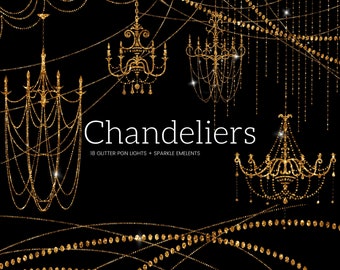 Gold Glitter Chandelier and String Lights Clipart, Hanging Chandelier Clip Art, Glitter Holiday Lights, Wedding Invitation, Commercial Use