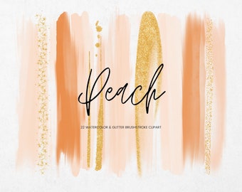 Peach Watercolor Brush Stroke Clip Art, Orange Transparent PNG Texture Paint, Glitter Gold Brush Stroke, Digital Watercolor Clipart