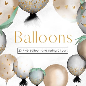 Watercolour Balloon Clipart, Beige, Black and Gold Glitter Balloon Clip Art, Transparent PNG Birthday Party Decorations, Commercial Use