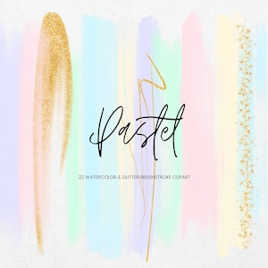 Pastel Watercolor Brush Stroke Clip Art, Rainbow Transparent PNG Texture Paint, Glitter Gold Brush Stroke, Digital Watercolor Clipart