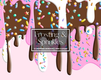 Dripping Frosting with Sprinkles Clipart, Pink, Brown, White Dipping Borders, PNG Cake Icing Drips, Invitation Clipart, Commercial Use