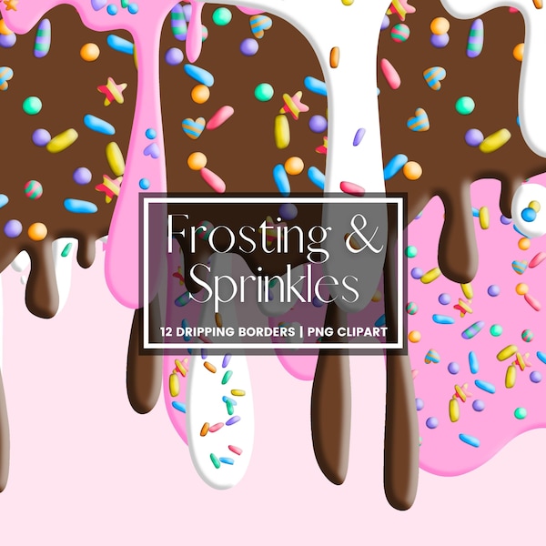 Dripping Frosting with Sprinkles Clipart, Pink, Brown, White Dipping Borders, PNG Cake Icing Drips, Invitation Clipart, Commercial Use