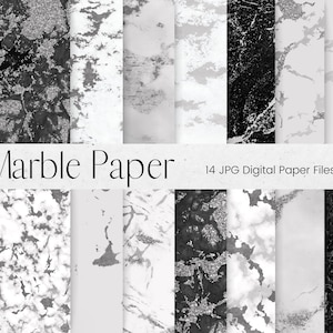 Op de afbeelding: Een set van 14 digitale papierbestanden met marmertexturen in zwart, wit en grijs. De papieren zijn perfect voor het maken van achtergronden, patronen en ontwerpen voor digitale projecten.