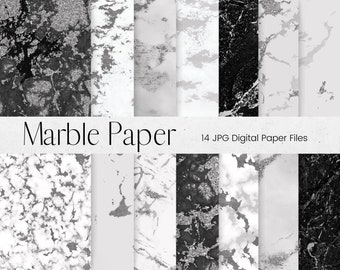 Silver Marble Pattern Digital Paper, Silver, Black and White Marble Pattern, Marble Texture Scrapbook Paper, Stone Background Textures