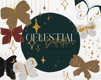 Ensemble de Clipart papillon céleste, papillon noir, vert, gris, or paillettes lune et étoiles papillon Clip Art, PNG Boho Clipart, Commercial