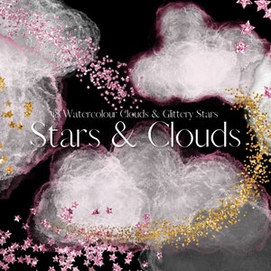Watercolour Clouds and Glitter Stars Clipart, Pink, Black, White Transparent Watercolour Clouds, Gold Glitter Stars, Commercial Use