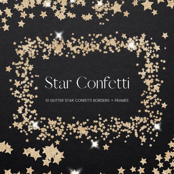 Gold Star Confetti Frames and Borders Clipart, Glitter Confetti, Star Clip Art, Confetti Border Overlays, Digital PNG Glitter Frames