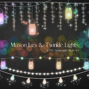 Rainbow Mason Jars String lights clipart, Glow Fairy light Clip Art, PNG Transparent Rustic Party Lights, Christmas Lights, Commercial use