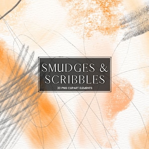May include: A digital illustration of abstract shapes in shades of orange and gray. The shapes are layered and overlapping, creating a sense of depth and texture. The text "SMUDGES & SCRIBBLES 20 PNG CLIPART ELEMENTS" is displayed in a black rectangle.