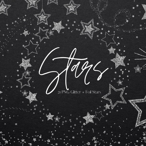 21 Silver Glitter Stars Clipart set, Silver Glitter Star Frames and Borders, PNG Galaxy Stardust Overlay, Star Clip Art, Commercial Use