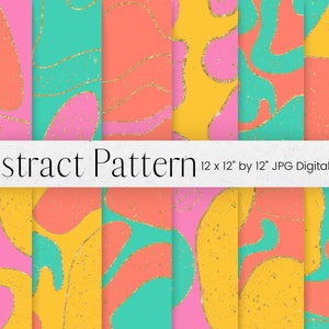 May include: Set of 8 digital paper patterns featuring abstract shapes in pink, yellow, turquoise, and coral with gold glitter accents. Each pattern is 30.48 cm by 30.48 cm.