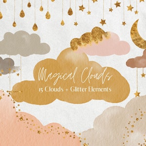Peach and Beige Watercolour Clouds Clipart, Glitter Stars, Moon, Fluffy Cloud Clip Art, Pastel Clouds, Weather Clipart, Commercial Use