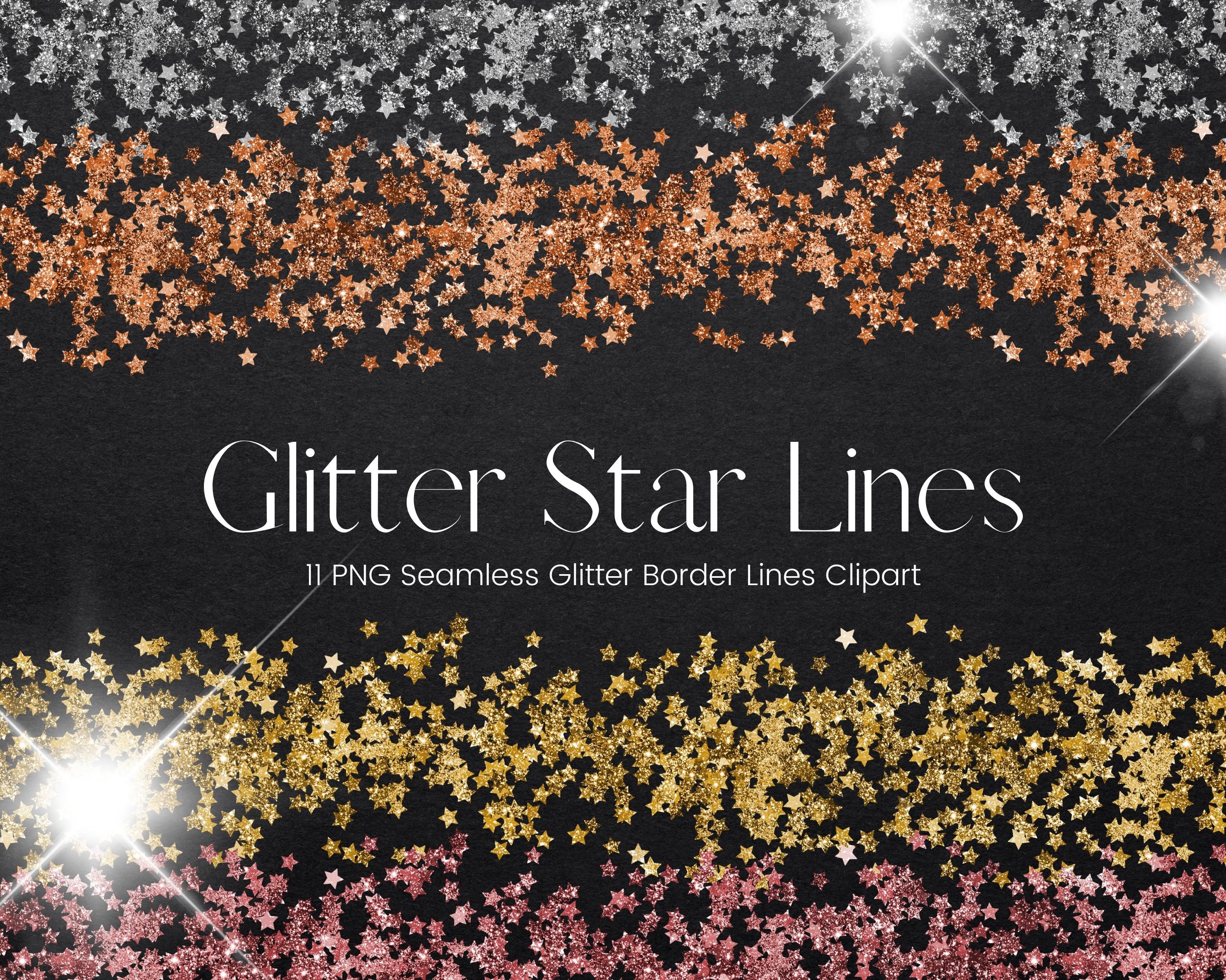 Glitter Star Clipart, Christmas Stars, Starry Sky, Gold and Silver