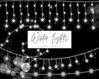 Winter String Lights Clipart, White Glow Fairy light Clip Art, Hanging Star and Snow Flake Christmas Lights, Festoon Clipart, Commercial use