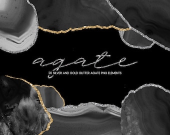 20 Agaat clipart elementen, zwart en grijs goud en zilver glitter grens illustraties, aquarel geode PNG overlays, uitnodiging commercieel gebruik