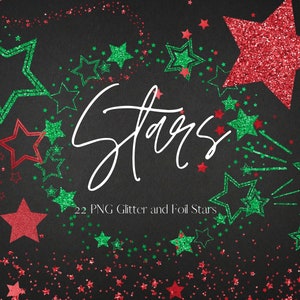 Puede incluir: Una descarga digital de 22 estrellas PNG de purpurina y lámina en rojo y verde. Las estrellas están dispuestas en un patrón disperso sobre un fondo negro. El texto "Stars" está escrito en cursiva blanca.