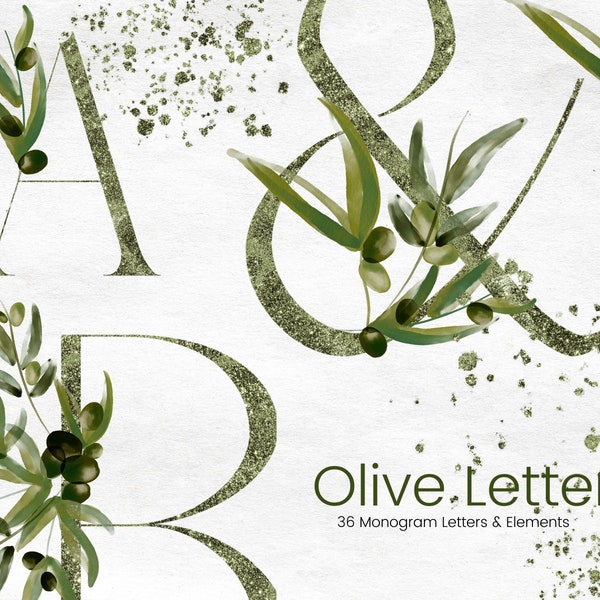 Green Glitter Monogram Clipart with Olive Leaves, Glitter alphabet clipart, Watercolour Olive Branch Letters, Wedding Clipart, Commercial