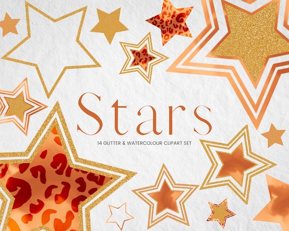 Orange Watercolor and Glitter Star Clipart, Gold Glitter PNG  display picture 2