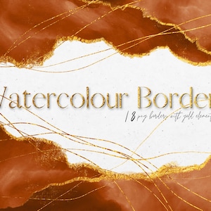 May include: Watercolor borders with gold accents. 18 png borders with gold elements.