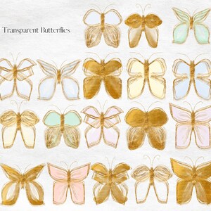 May include: 18 transparent butterflies in various pastel colors with gold outlines. The butterflies are arranged in three rows of six.