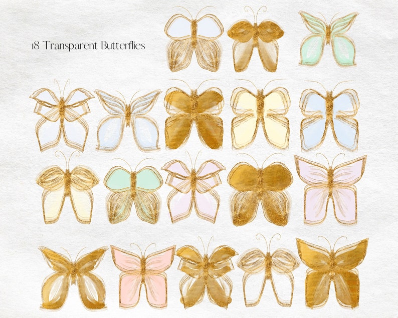 May include: 18 transparent butterflies in various pastel colors with gold outlines. The butterflies are arranged in three rows of six.