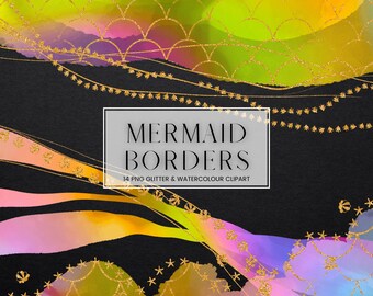 Mermaid Watercolour Border Clip Art, Rainbow Watercolor Gold Glitter Digital Frames, Transparent PNG Ocean Fish Shell Frames Clipart