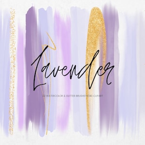 Lavender Watercolor Brush Stroke Clip Art, Purple Transparent PNG Texture Paint, Glitter Gold Brush Stroke, Digital Watercolor Clipart