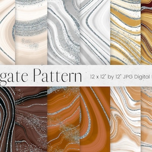 Puede incluir: Conjunto de 10 patrones de papel digital con diseños de ágata en varios tonos de marrón, naranja y gris con acentos de purpurina plateada. Cada patrón mide 30,5 cm por 30,5 cm.