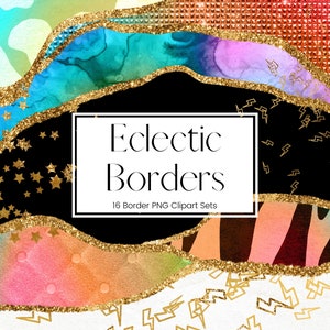 Eclectic Border Clipart, Rainbow Border Overlays, Transparent PNG Marble, Gold Glitter Border Frames, Invitation Clipart, Commercial Use