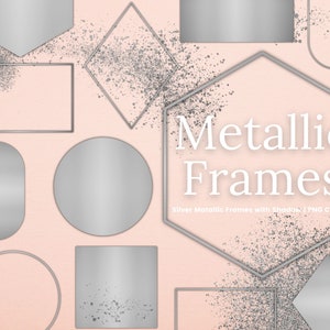 Silver Frame Clipart, Silver Frames Circle Square, Overlays, Transparent PNG Glitter, Digital Wedding Invitation Clipart, Commercial Use