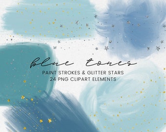 Blue Watercolor Paint Brushstroke Clipart, Gold Glitter Stars, Silver Glitter Transparent PNG, Teal Navy Paint Sticker Clip Art, Commercial