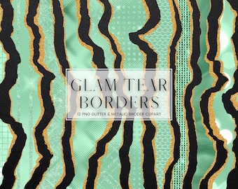 Green Glam Tear Border Clip Art, Luxury Metallic and Gold Glitter Ripped Border Clipart, PNG Metal Paper Border and Frames