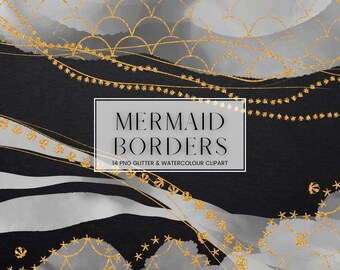 Mermaid Watercolour Border Clip Art, Grey Watercolor Gold Glitter Digital Frames, Transparent PNG Ocean Fish Shell Frames Clipart