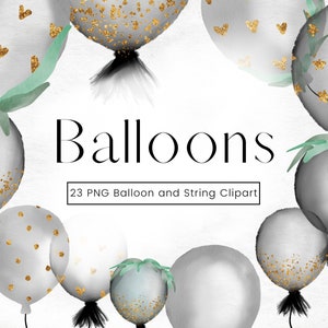 Watercolour Balloon Clipart, Grey, Black and Gold Glitter Balloon Clip Art, Transparent PNG Birthday Party Decorations, Commercial Use