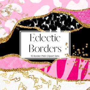 Eclectic Border Clipart, Pink Border Overlays, Transparent PNG Marble, Gold Glitter Border Frames, Invitation Clipart, Commercial Use