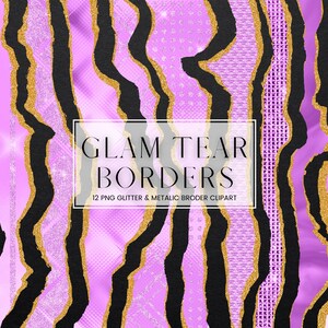Purple Glam Tear Border Clip Art, Luxury Metallic and Gold Glitter Ripped Border Clipart, PNG Metal Paper Border and Frames