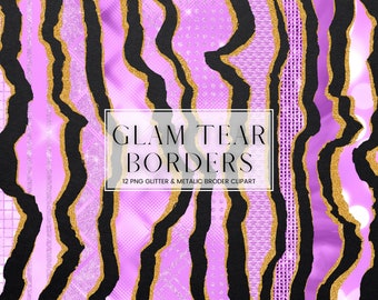 Purple Glam Tear Border Clip Art, Luxury Metallic and Gold Glitter Ripped Border Clipart, PNG Metal Paper Border and Frames