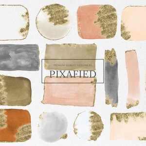 May include: A selection of watercolour shapes in shades of peach, grey, and brown, embellished with gold glitter. The shapes include squares, circles, and rectangles. The text "PIXAFIED" is visible.