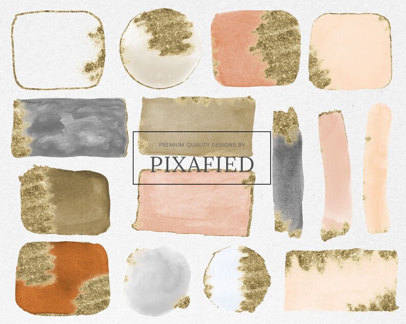May include: A selection of watercolour shapes in shades of peach, grey, and brown, embellished with gold glitter. The shapes include squares, circles, and rectangles. The text "PIXAFIED" is visible.
