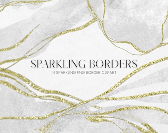 Sparkling Borders Clipart, Glowing Grey and Gold Glitter Border Overlay Digital Clip Art, Sparkling Transparent PNG Frame, Commercial Use