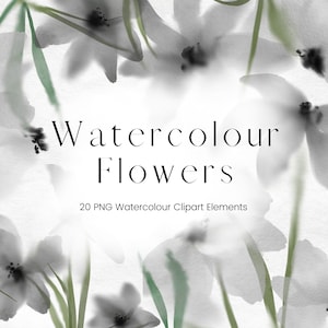May include: A collection of watercolor flowers in shades of white and gray, with green stems and leaves. The text "Watercolour Flowers" is displayed in a stylish font, with the text "20 PNG Watercolour Clipart Elements" below.
